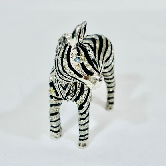 Zebra Shaped Ceramic Hinged Trinket Box Porcelain Crystals Black Silver Blue Eye - Picture 4 of 9